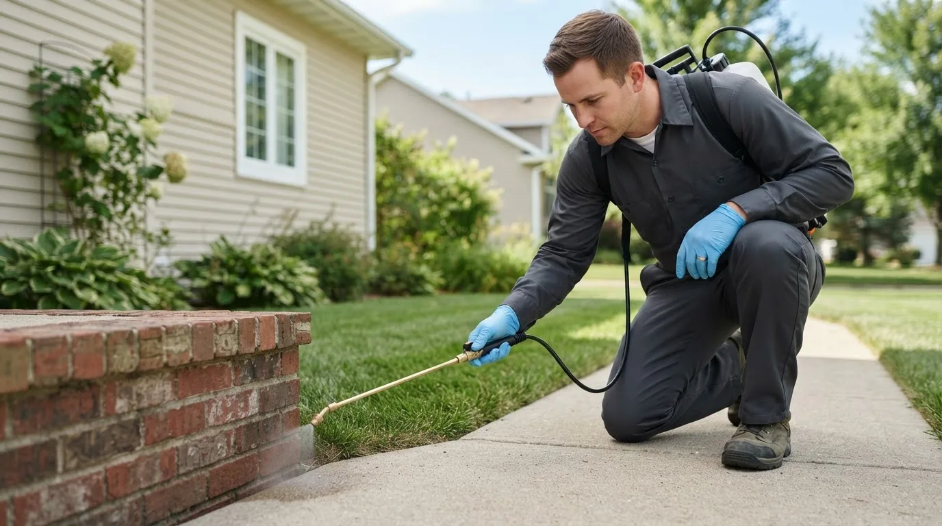 Pest control technician treating a home near Regent, ND